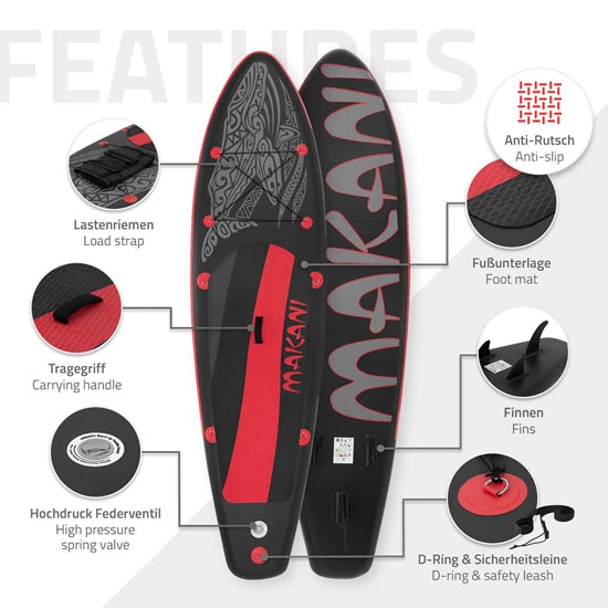 ECD Germany Makani 320 × 80 × 15 cm – Tavola SUP Gonfiabile All‑Round in PVC Nero/Rosso
