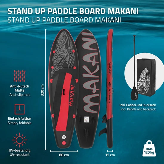 ECD Germany Makani 320 × 80 × 15 cm – Tavola SUP Gonfiabile All‑Round in PVC Nero/Rosso