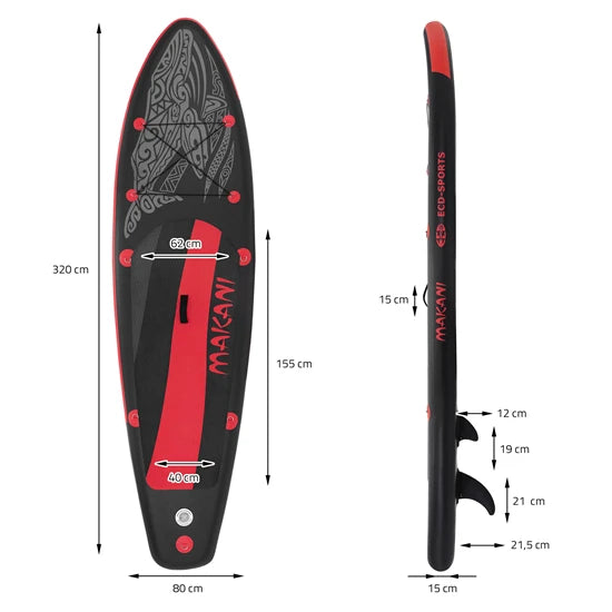 ECD Germany Makani 320 × 80 × 15 cm – Tavola SUP Gonfiabile All‑Round in PVC Nero/Rosso