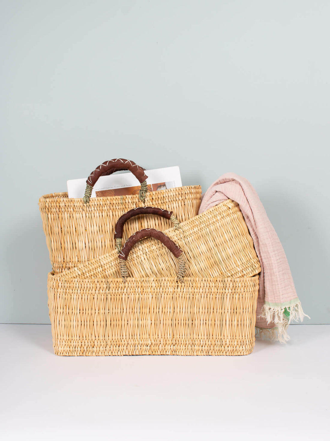Reed Basket with Leather Handles