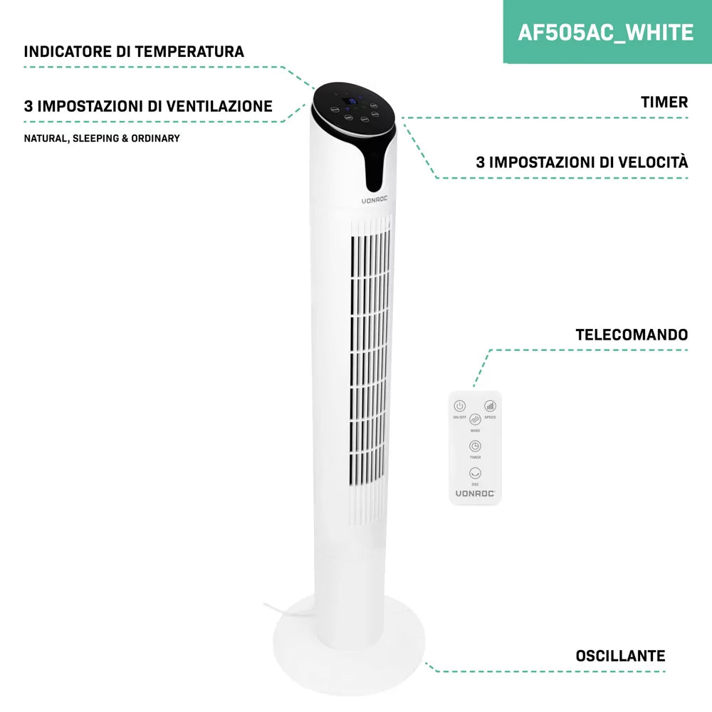 Ventilatore di Lusso Vonroc – 110 cm, 3 Velocità, Oscillazione, Bianco con Telecomando